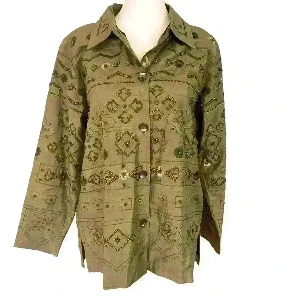Vintage Laura Ashley Silk Beaded Jacket Size S Olive Green Boho Casual - Picture 1 of 8